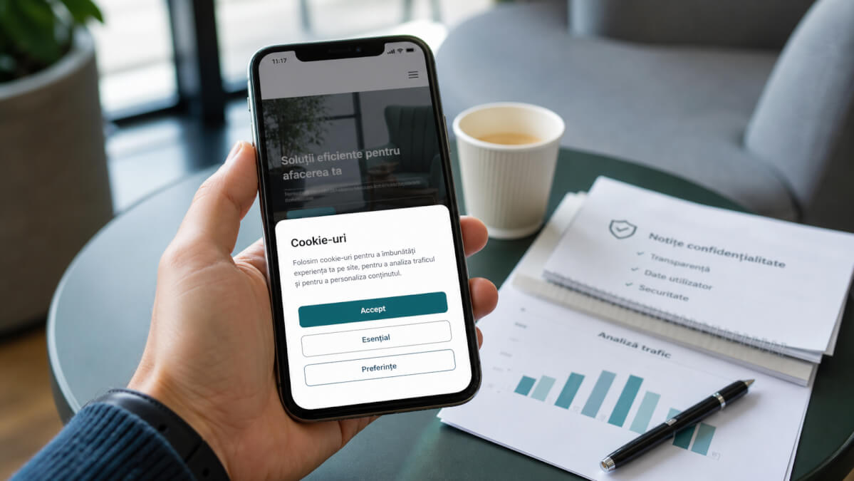 Banner de consimtamant cookie pe telefon pentru Consent Mode v2