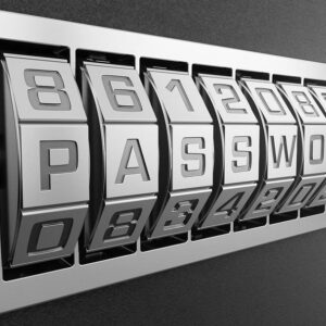 Kombinációs zár tárcsái a PASSWORD felirattal, a biztonságos jelszót jelképezve
