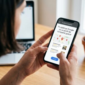 Profilul companiei pe Google deschis pe telefon, cu harta rezultatelor locale