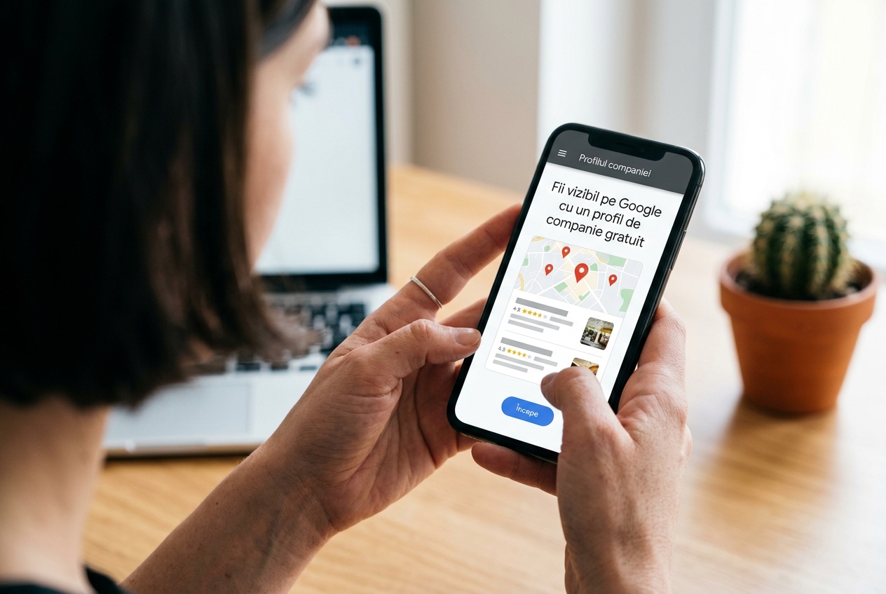 Profilul companiei pe Google deschis pe telefon, cu harta rezultatelor locale