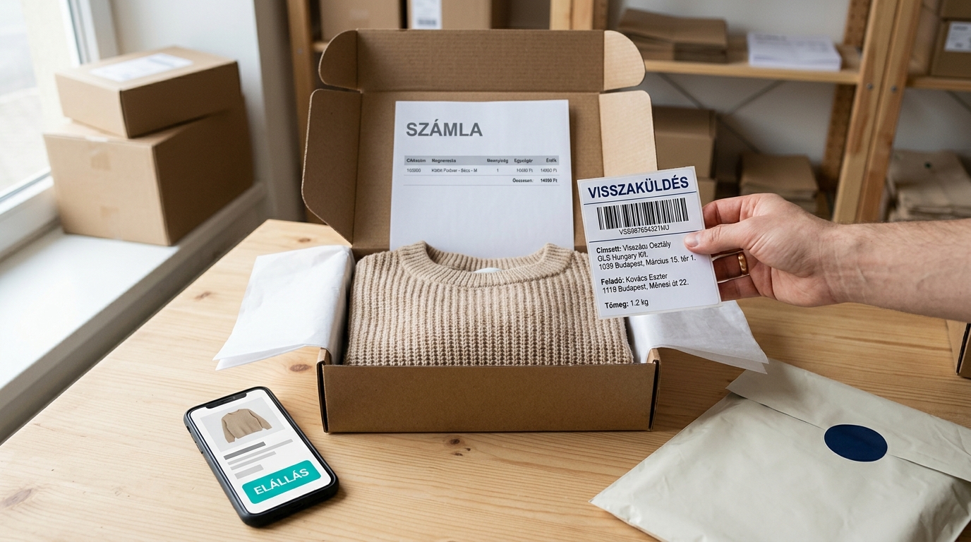 Visszaküldésre előkészített csomag számlával, visszaküldési címkével és telefonon látható Elállás gombbal