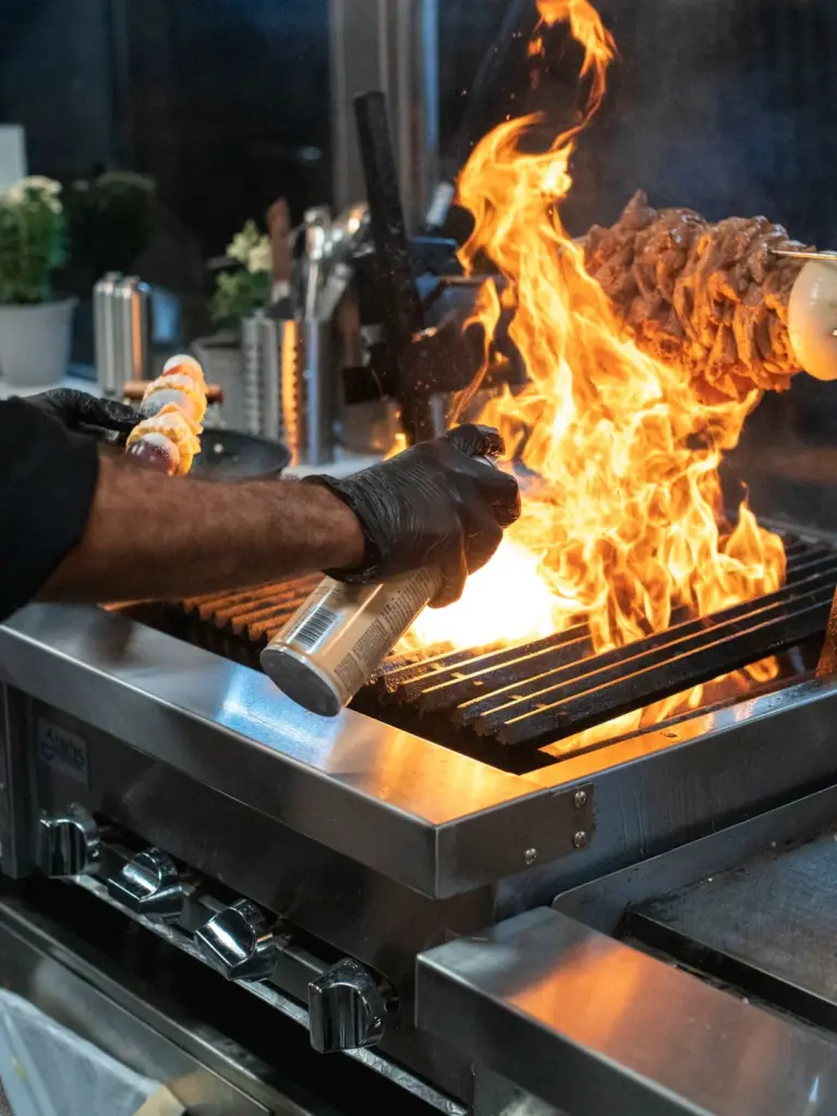 Bucătar la grătar, cu flăcări înalte, într-o bucătărie profesională de restaurant