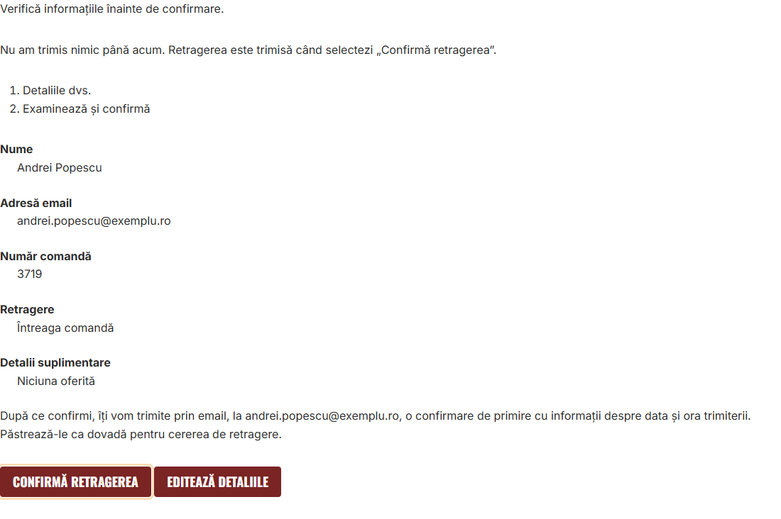Ecranul de verificare a cererii de retragere în WooCommerce, cu butonul „Confirmă retragerea”