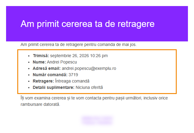 Emailul automat WooCommerce de confirmare a primirii cererii de retragere, cu data și ora trimiterii