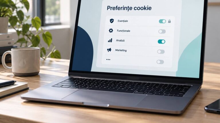 Laptop cu centru de preferințe pentru cookie-uri și categorii de consimțământ