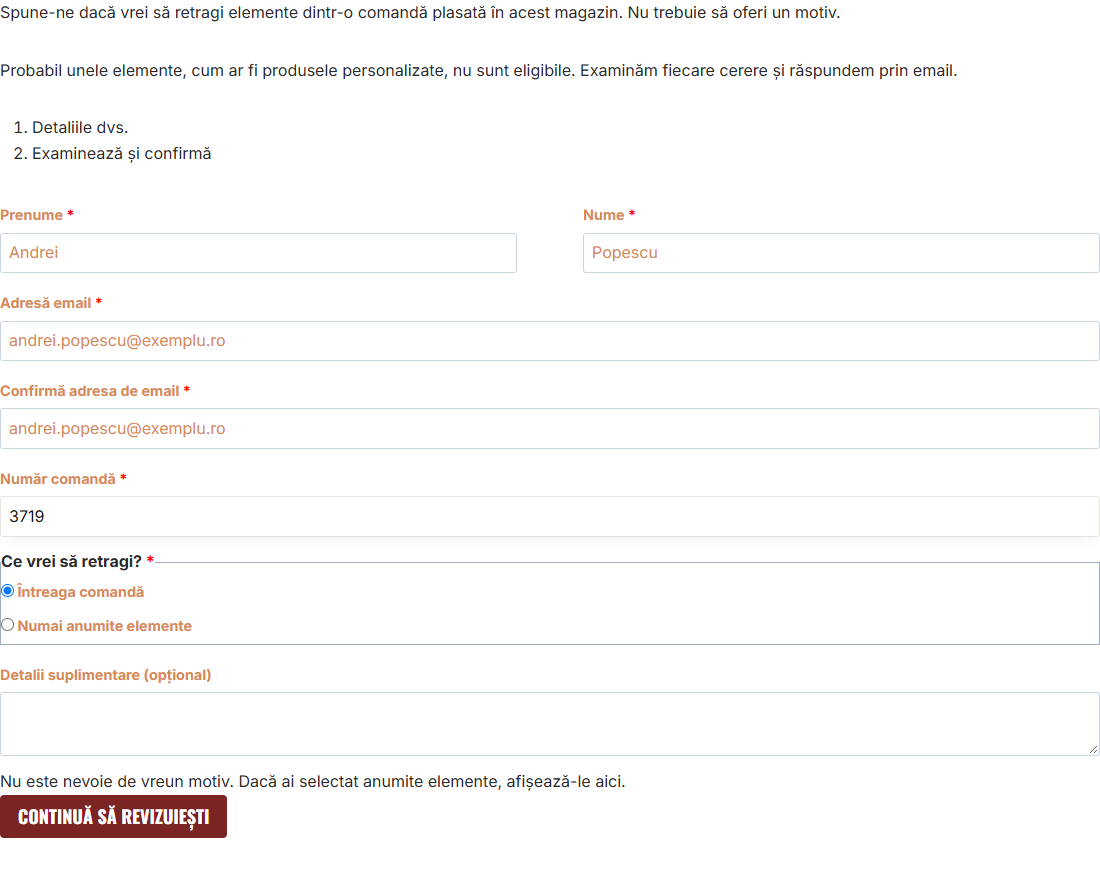 Formularul WooCommerce de retragere din contract completat de client: prenume, nume, email, număr comandă