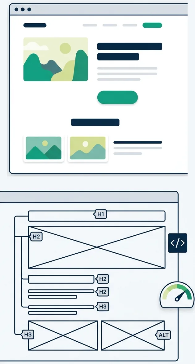 Optimizare on-site Ilustrație: aceeași pagină web văzută în două feluri — sus cum o vede un om, jos structura citită de motorul de căutare, cu titluri H1, H2, H3, text ALT, cod și viteză