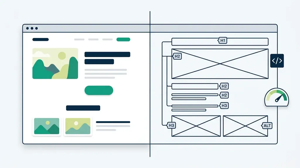 Optimizare on-site Ilustrație: aceeași pagină web văzută în două feluri — în stânga cum o vede un om, în dreapta structura citită de motorul de căutare, cu titluri H1, H2, H3, text ALT, cod și viteză