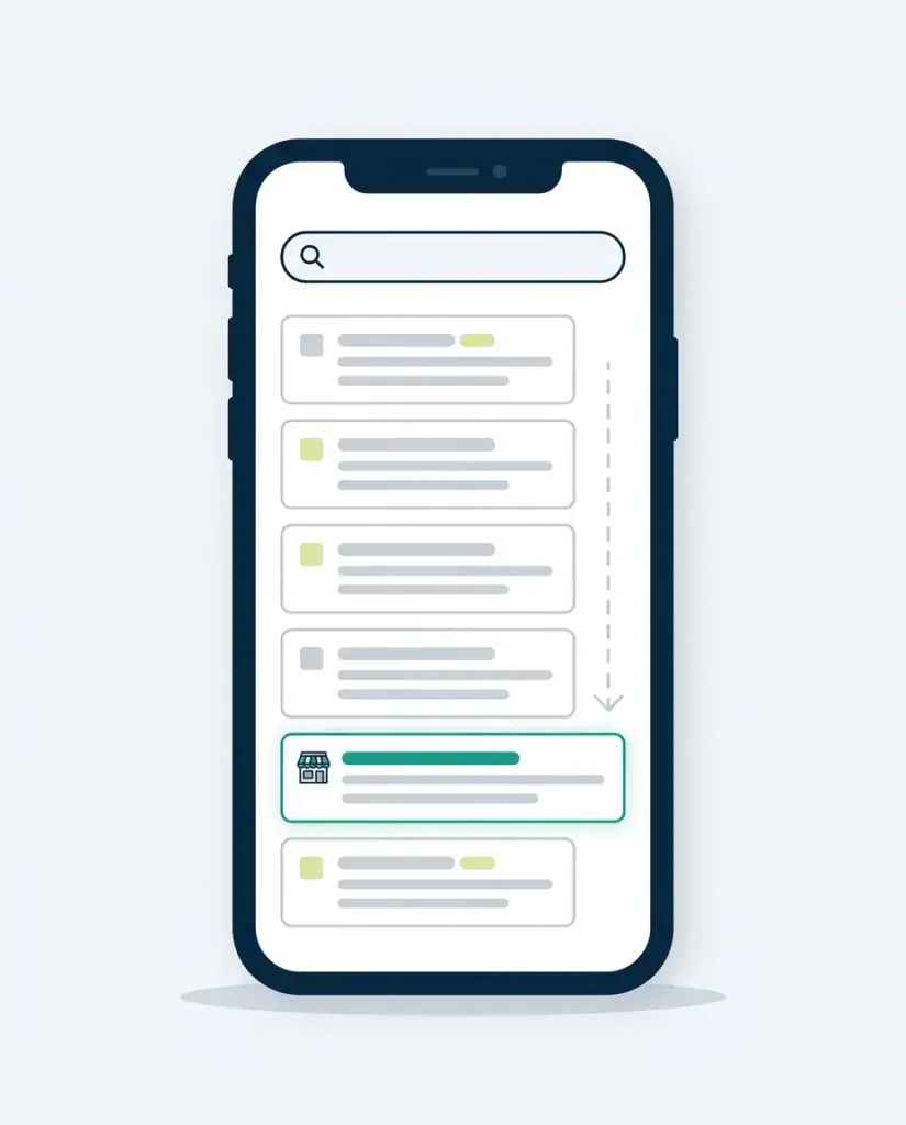 Optimizare on-site Ilustrație: telefon cu o listă de rezultate de căutare, în care rezultatul unei afaceri, marcat cu verde, apare mai jos în listă