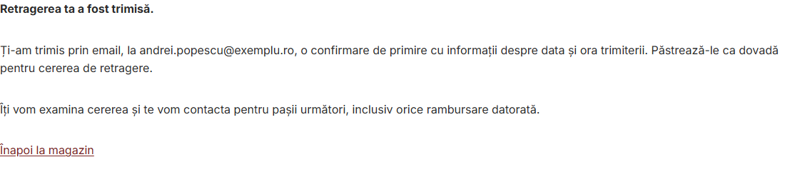 Mesajul afișat clientului în WooCommerce după trimiterea cererii de retragere din contract
