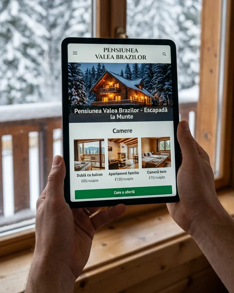 Hotel és panzió weboldal Illusztráció: kézben tartott tablet egy hegyi panzió weboldalával a „Szobák” oldalon, a szobák fotóival és a „Kérj ajánlatot” gombbal