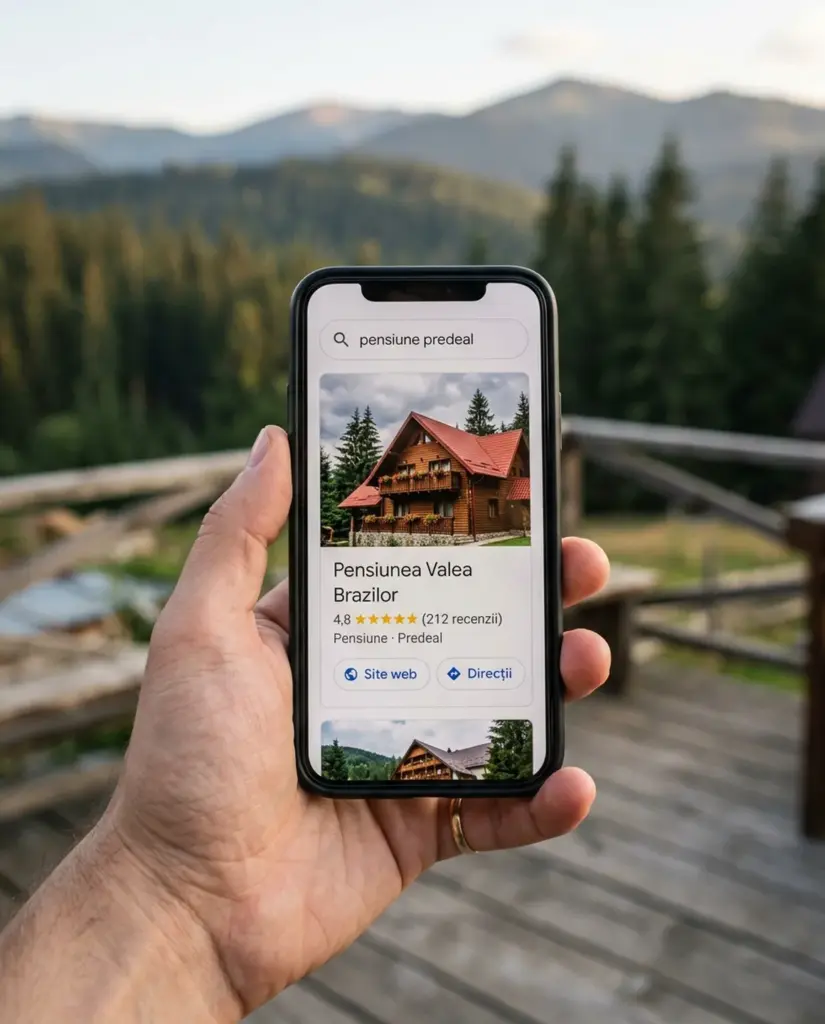 Hotel és panzió weboldal Illusztráció: kézben tartott okostelefon egy „pensiune predeal” keresés eredményével – a panzió fotója, 4,8-as értékelés és vendégvélemények