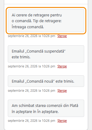 Nota adăugată automat pe comanda WooCommerce după o cerere de retragere din contract