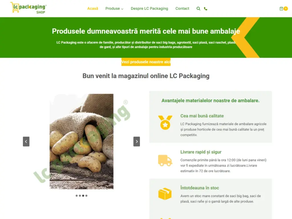 Webáruház készítés Az LC Packaging Shop webáruház főoldala, mezőgazdasági csomagolóanyagokkal