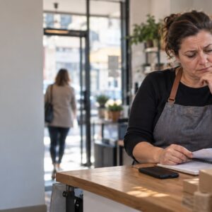 Proprietară de afacere locală verifică un caiet de comenzi