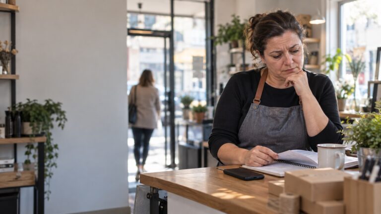 Acasă Proprietară de afacere locală verifică un caiet de comenzi