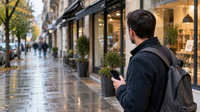 Vásárló telefonnal egy üzletekkel teli utcán
