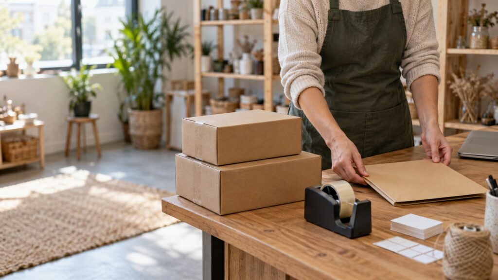 Mâini pregătind colete și documente pentru magazin online