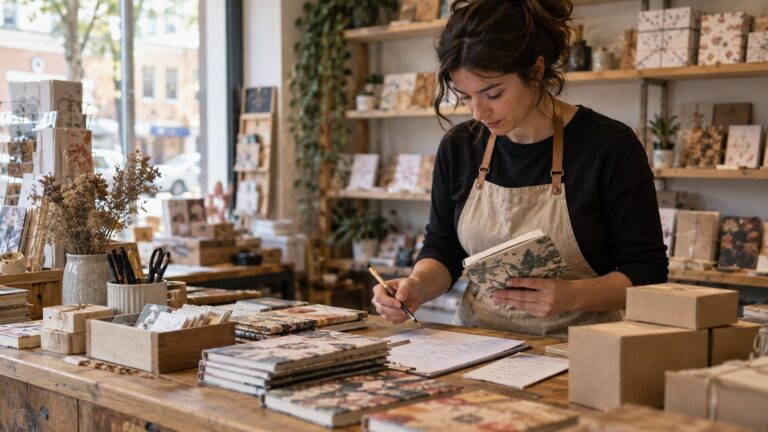 Proprietară de magazin organizează produse și notițe pe tejghea