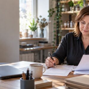 Proprietară de IMM verifică documente de confidențialitate