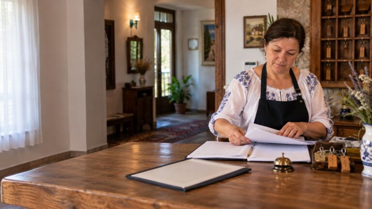 Proprietară de pensiune organizând documente la recepție