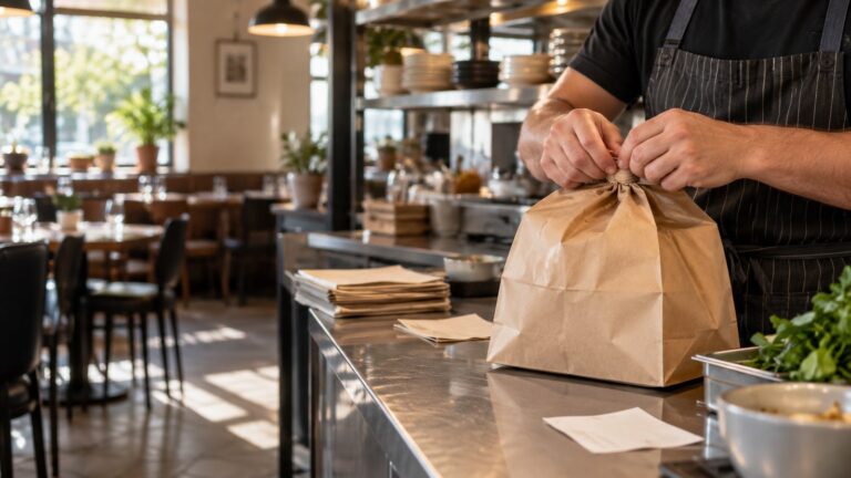 Mâini care pregătesc o comandă takeaway într-un restaurant