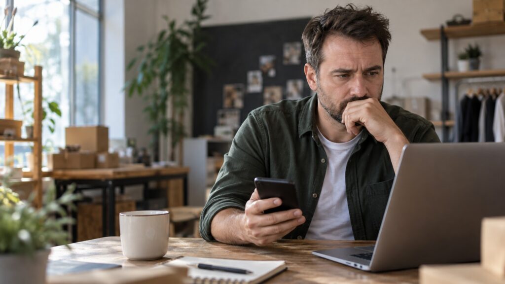 Vállalkozó laptopon ellenőrzi a WordPress weboldalát