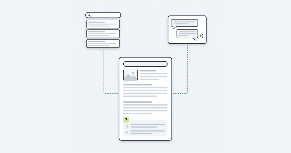 Acasă Ilustrație: aceeași pagină de site, citită de un motor de căutare și de un asistent AI