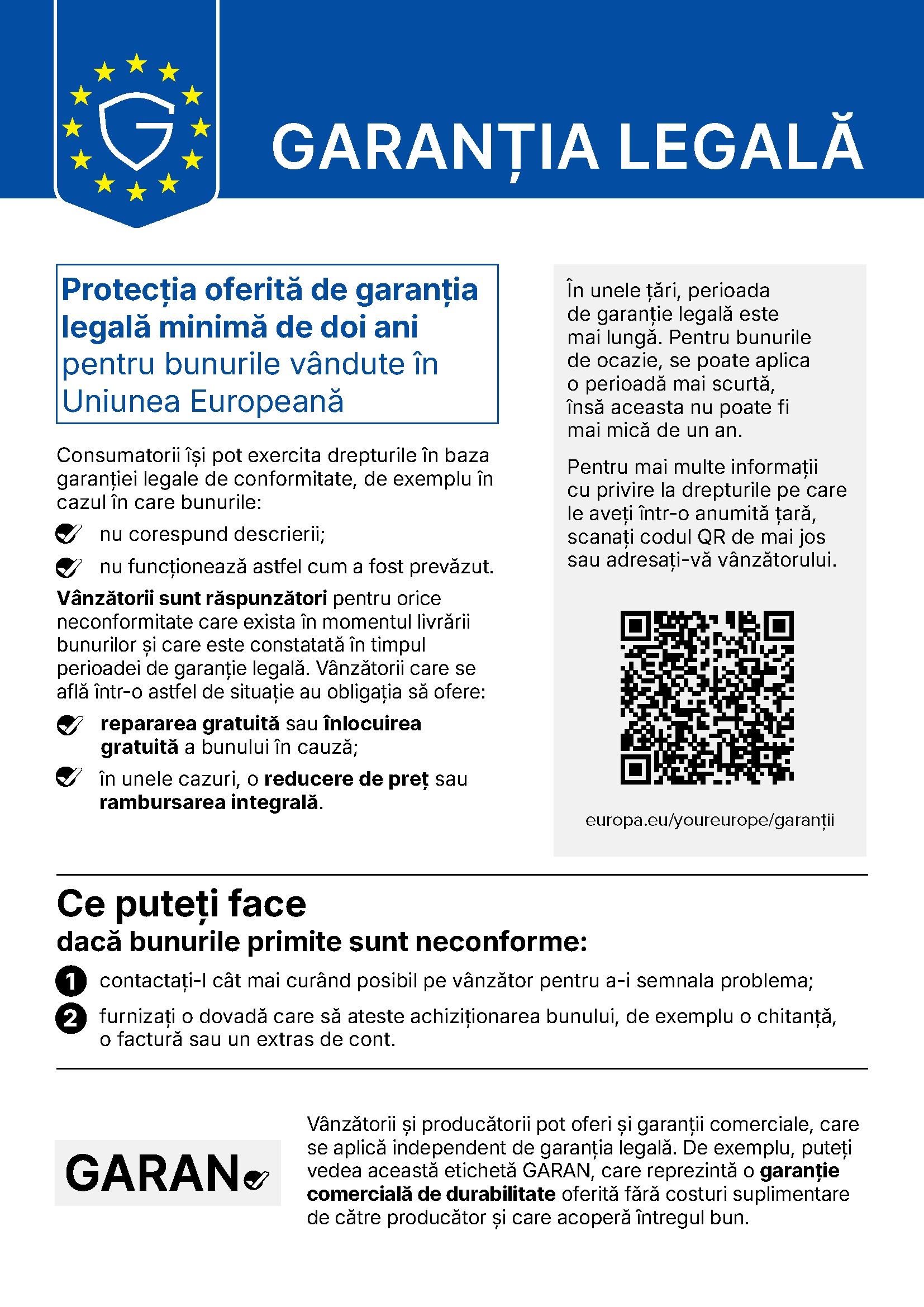 Harmonizált értesítés a törvényes szavatosságról: a webáruházak kötelezettségei A törvényes szavatosságról szóló harmonizált értesítés – hivatalos román nyelvű változat ((EU) 2025/1960 rendelet, I. melléklet)