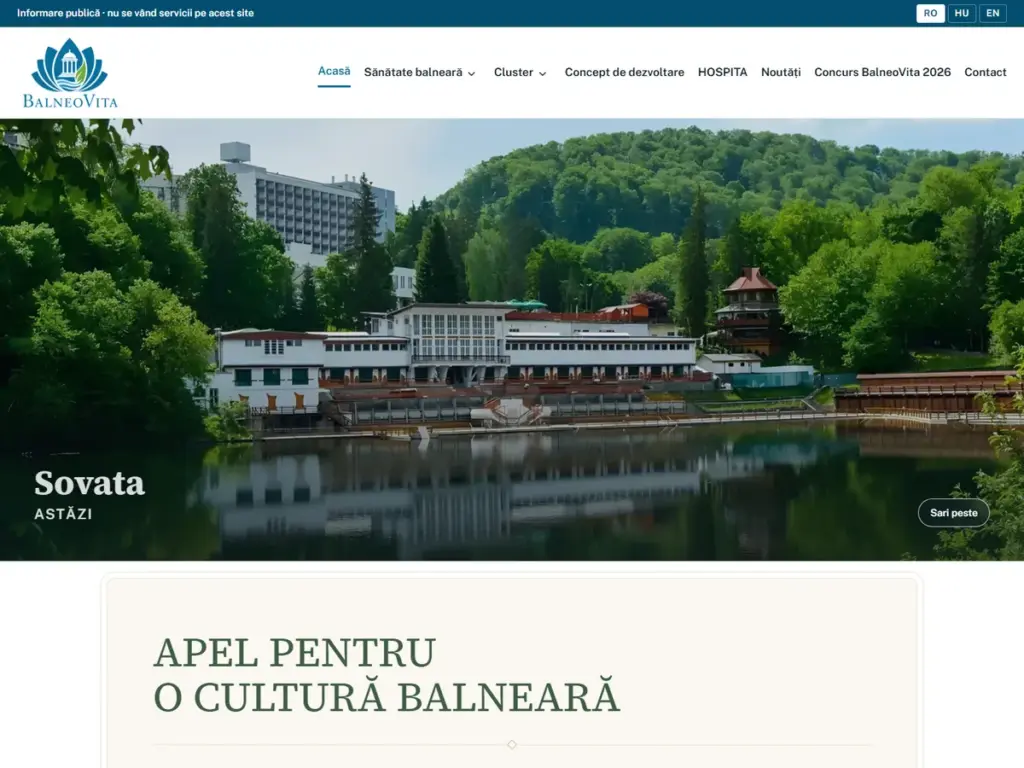 Creare site web de prezentare Pagina principală a site-ului balneovita.ro, harta stațiunilor balneare din Transilvania