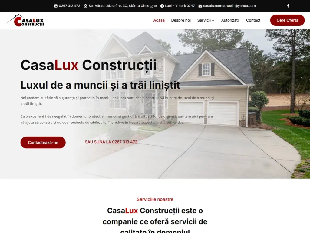 Creare site web de prezentare Pagina principală a site-ului casaluxc.ro, firmă de construcții și protecția muncii